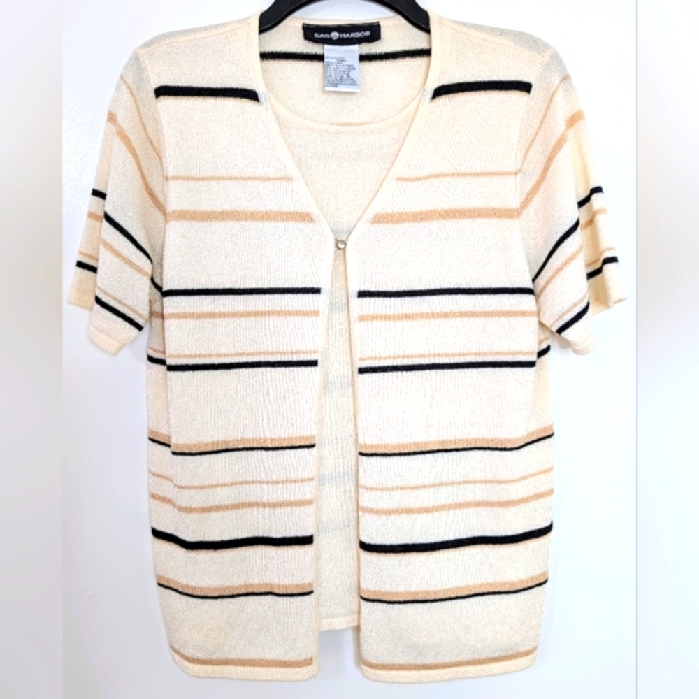 Sag Harbor Beige and Black Striped Cardigan